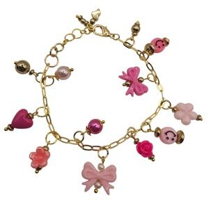 Gold Tone Charm Bracelet Pink Hearts‎ Flowers Bows Smiley Faces